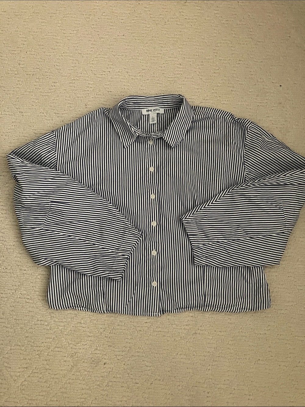 Nine West Blue & White Pinstripe Blouse with Wide Pegged Sleeves L classic twist